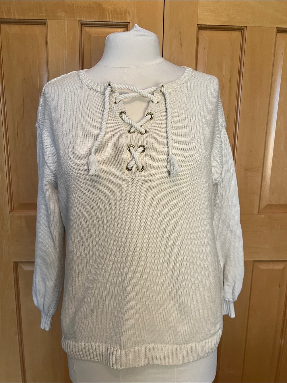 Talbots Cream Lace-Up V-Neck Sweater